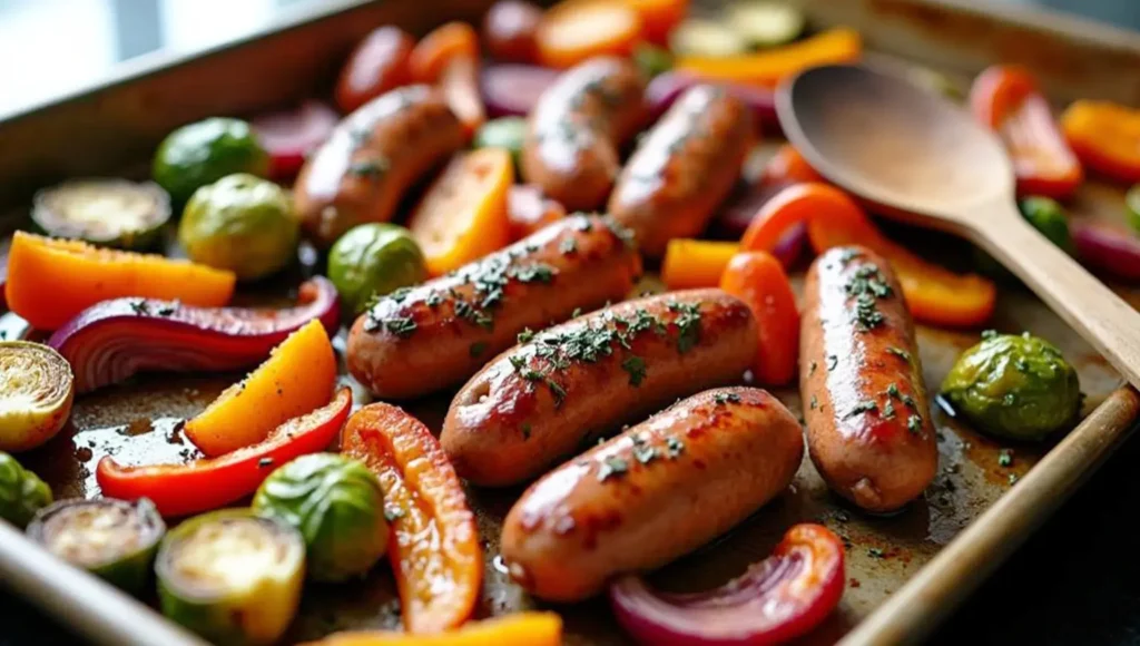 Roasted sausages and colorful vegetables like peppers, onions, and Brussels sprouts cooked on a sheet pan.