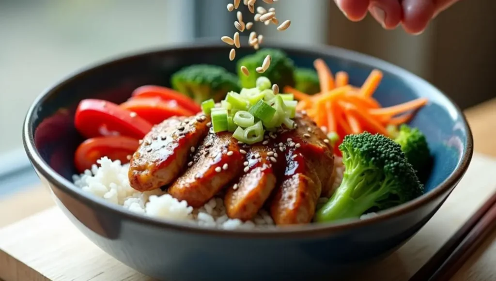 Serving a vibrant vegan teriyaki tofu rice bowl topped with sesame seeds, green onions, broccoli, carrots, and red bell peppers.