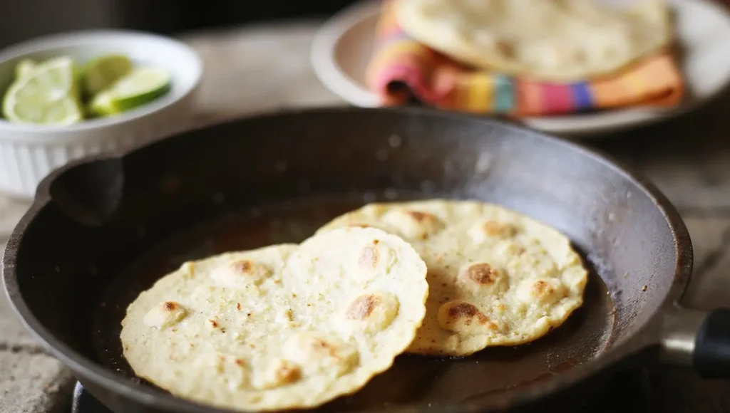 Two corn tortillas being heated in a cast iron skillet for vegan tacos, with lime wedges and warm tortillas in the background.