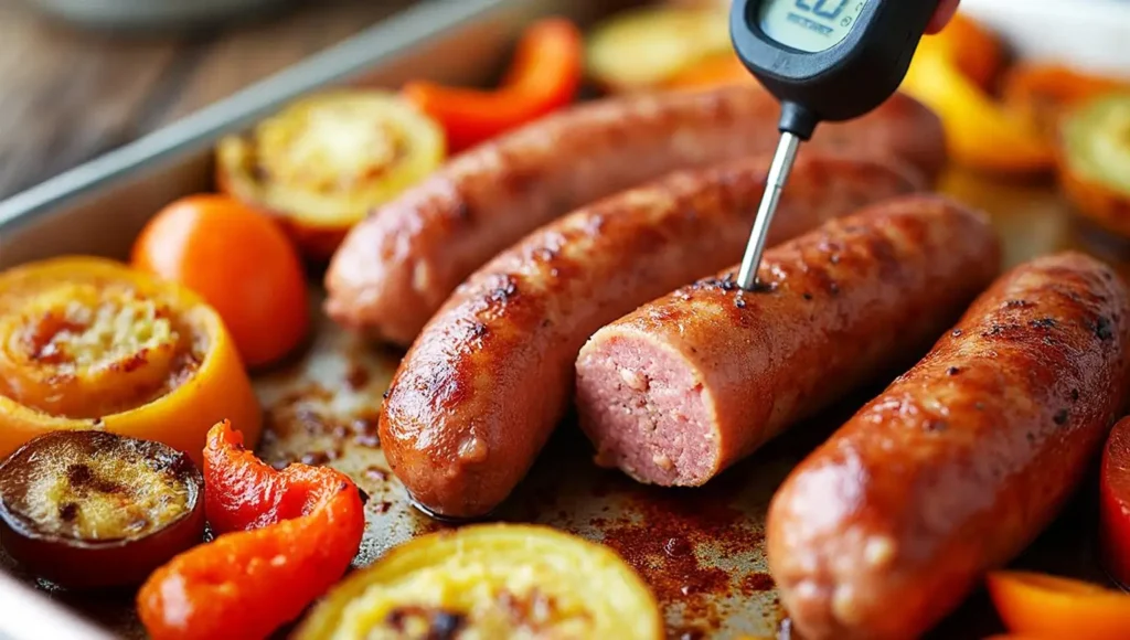 Checking internal temperature of roasted sausages with a meat thermometer on a baking sheet surrounded by roasted vegetables.