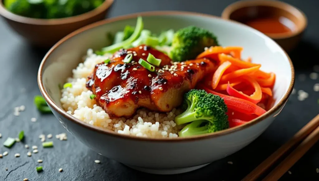 Close-up of a vegan teriyaki tofu rice bowl featuring glazed tofu, steamed broccoli, sliced carrots, bell peppers, and white rice, garnished with sesame seeds and chopped green onions in a ceramic bowl on a dark background.