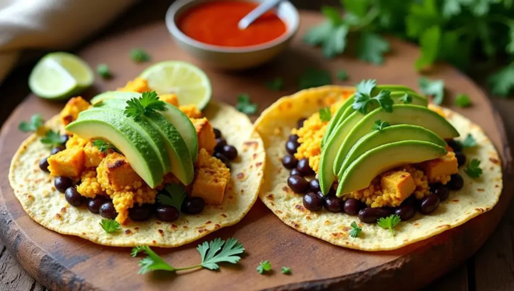 High-protein vegan breakfast tacos made with tofu scramble, black beans, and sliced avocado on corn tortillas, garnished with fresh cilantro and lime.
