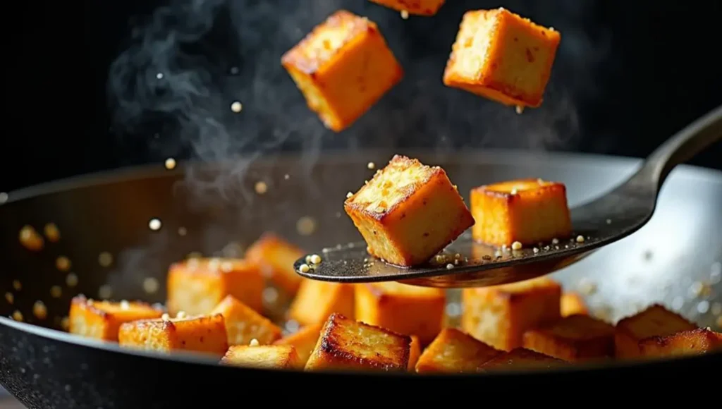 Tossing crispy tofu cubes in a hot wok for fried rice.
