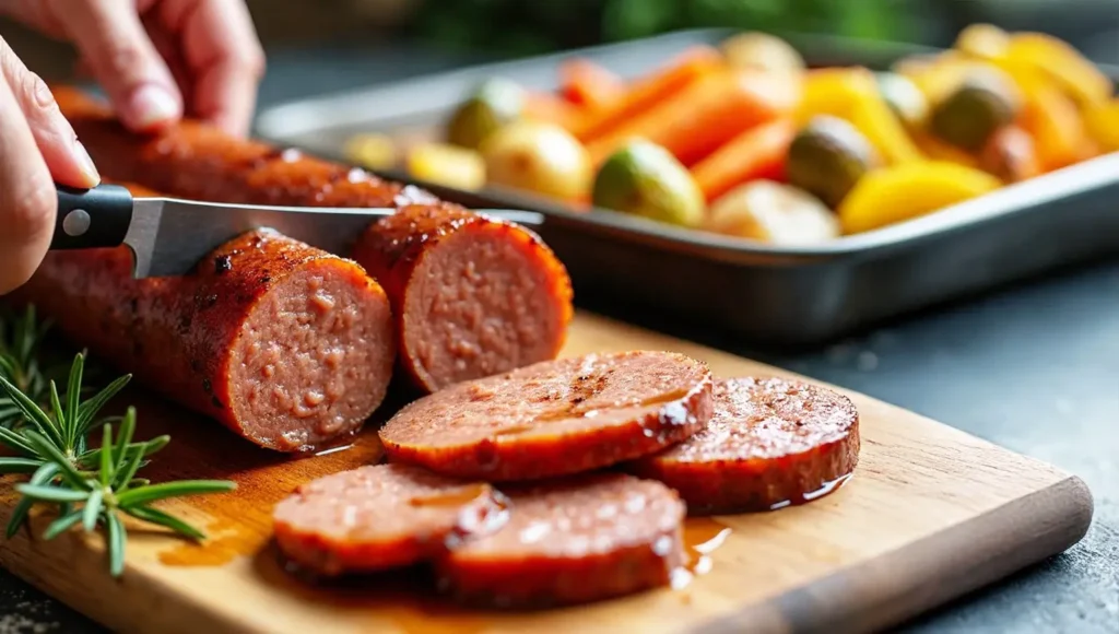 Slicing roasted sausage on a wooden cutting board with rosemary garnish and roasted vegetables in the background.