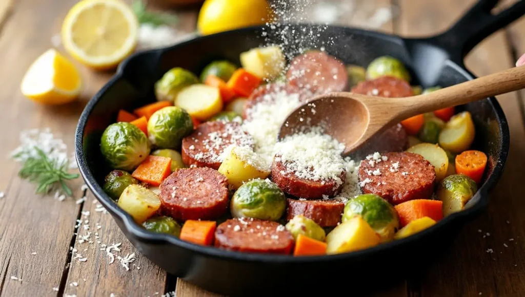 Sprinkling grated cheese over sliced sausage, potatoes, carrots, and Brussels sprouts in a cast iron skillet with fresh lemon in the background.