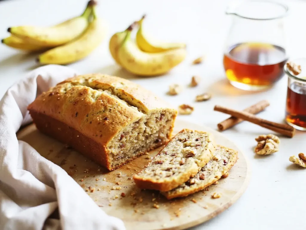 Freshly sliced loaf of vegan banana bread on a wooden board, surrounded by ripe bananas, walnuts, maple syrup, and cinnamon sticks.