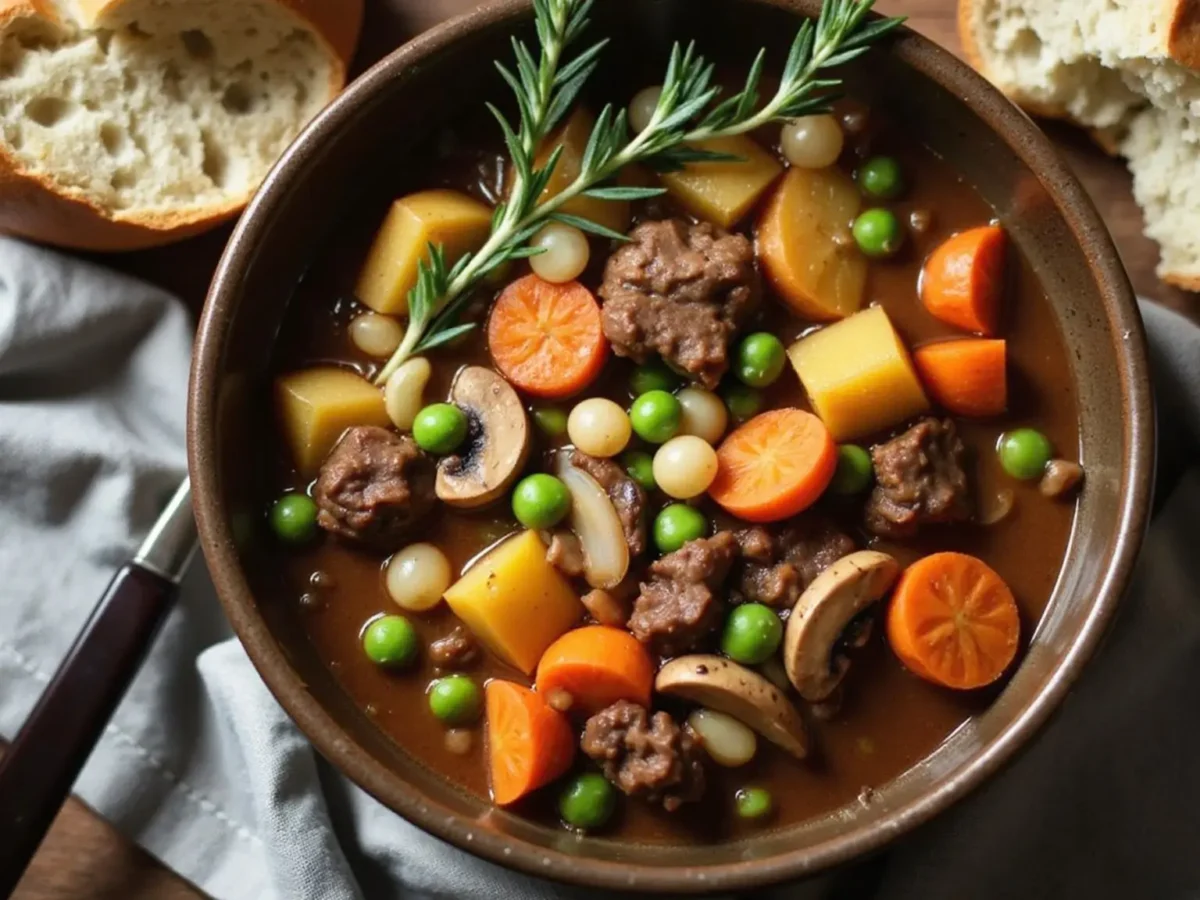 Hearty beef stew with carrots, potatoes, mushrooms, green peas, and pearl onions in a rustic bowl, served with crusty bread.