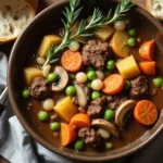 Hearty beef stew with carrots, potatoes, mushrooms, green peas, and pearl onions in a rustic bowl, served with crusty bread.