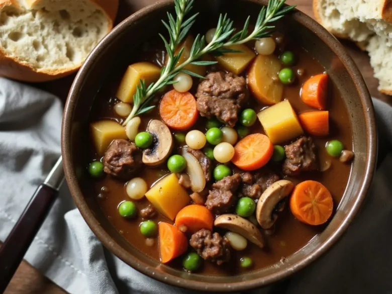 Hearty beef stew with carrots, potatoes, mushrooms, green peas, and pearl onions in a rustic bowl, served with crusty bread.