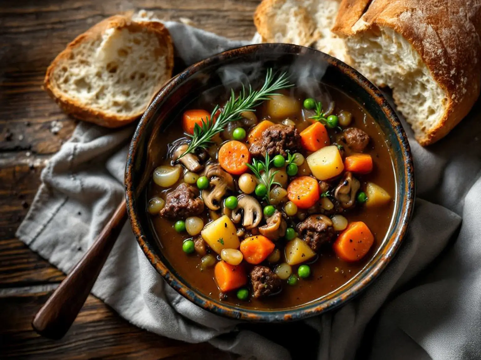 Hearty beef stew with carrots, potatoes, mushrooms, green peas, and pearl onions in a rustic bowl, served with crusty bread.
